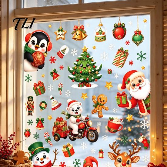 Наклейки Санта Клаус Снеговик 6 шт. Рождественские статические наклейки на окно, Пингвин Олень Стекло Мультяшные Милые Наклейки для витрины, Без клея Многоразовые