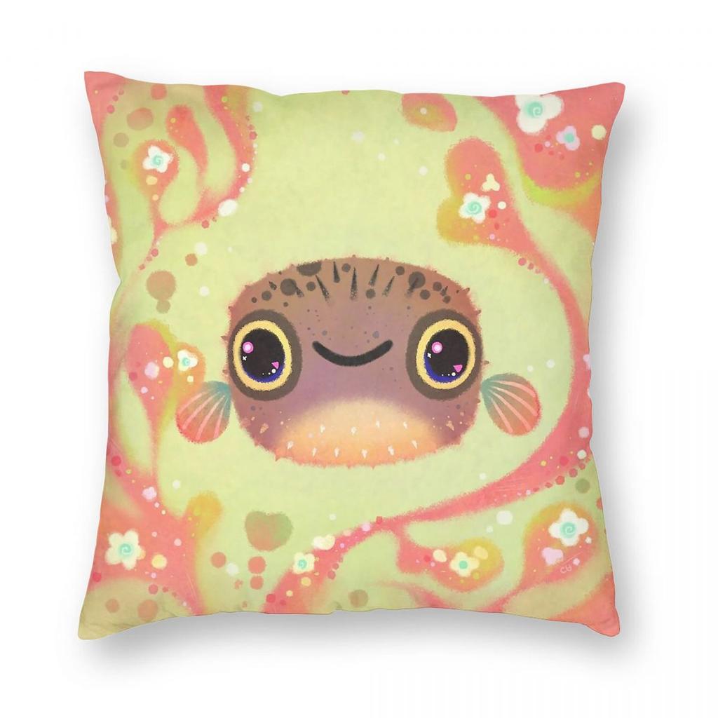 Smiling Puffer Boxfish Square Pillowcase Polyester Linen Velvet Creative Zip Decor Throw Pillow Case Room Cushion Cover