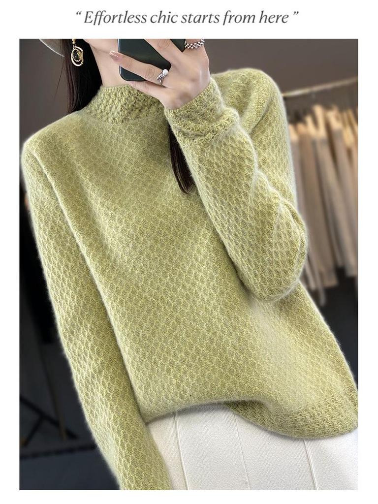 Women's Autumn Winter Thick Wool Sweater - Korean Style Half High Collar, Hollow Out Floral Design