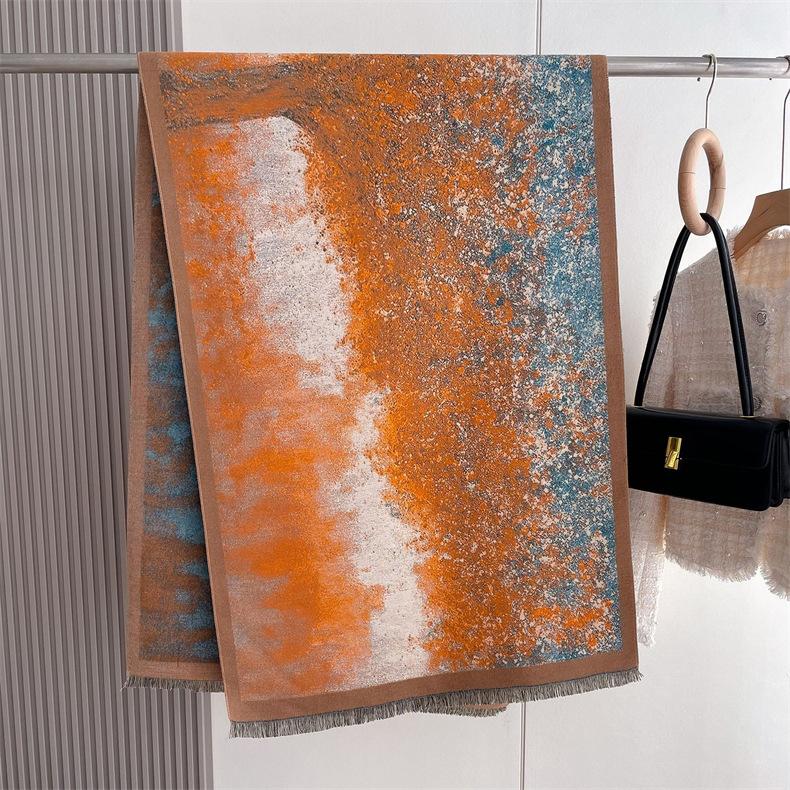 2024 Осень/Зима Новый утолщенный теплый двухсторонний двухцветный шарф из искусственного кашемира с кисточками, высококачественный воротник-шаль