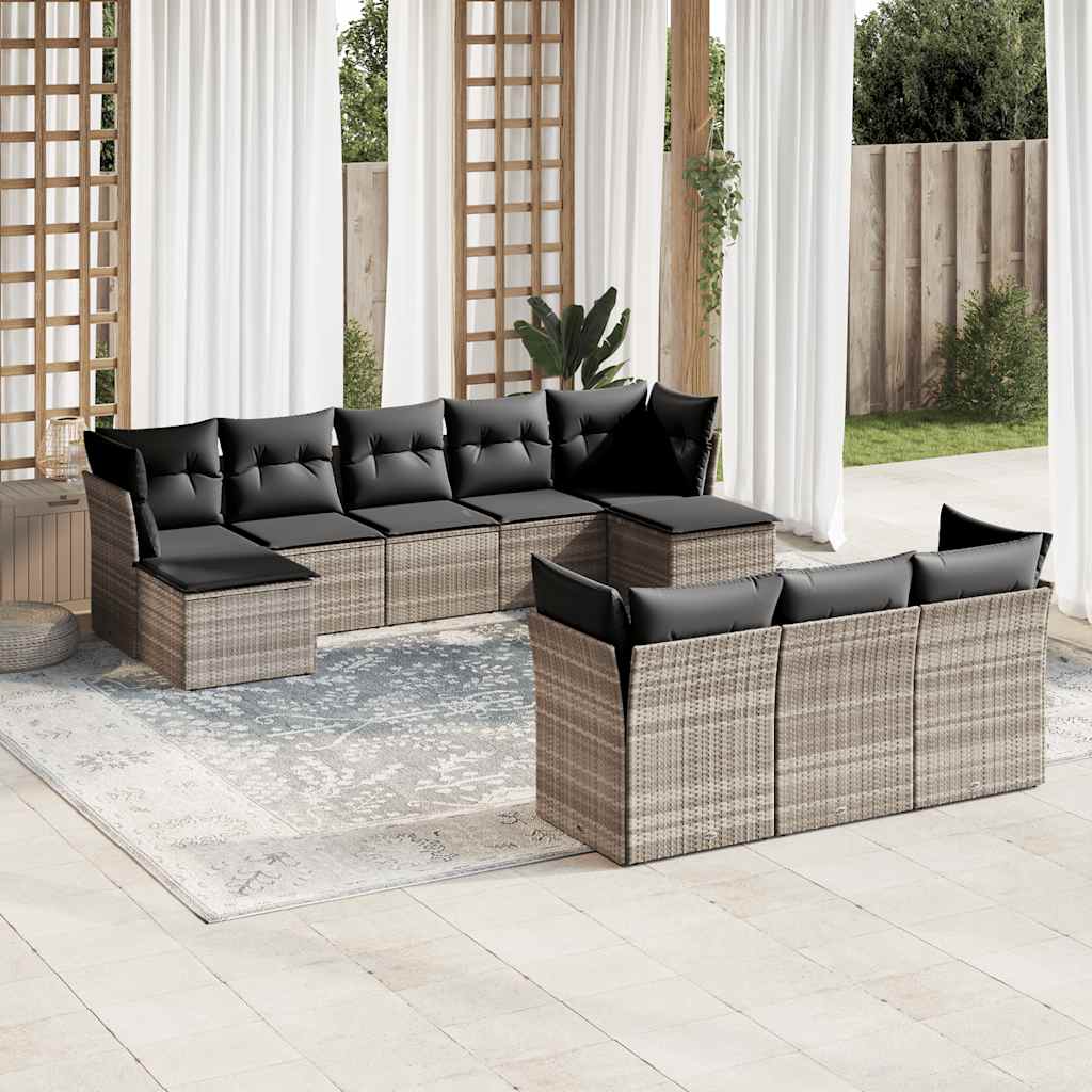 10 Piece Garden Sofa Set with Cushions Light Grey Poly Rattan