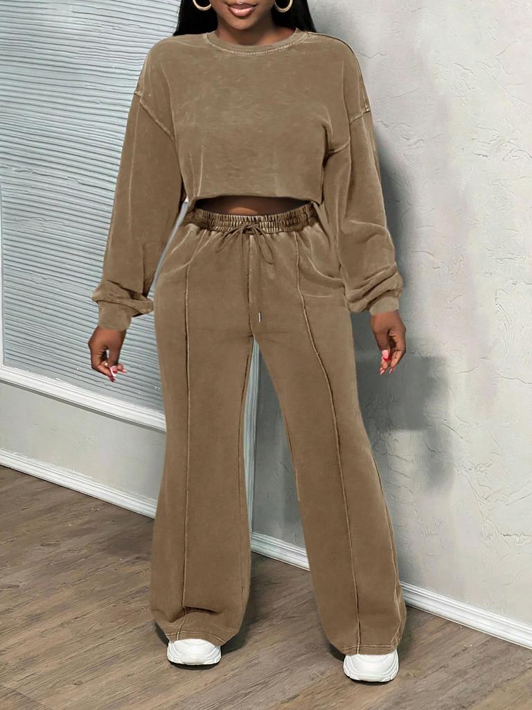 Women's Spring Fall Long Sleeve Casual Sets Washed Hoodie Sweatshirt 2 Piece Outfit Trendy Loose
