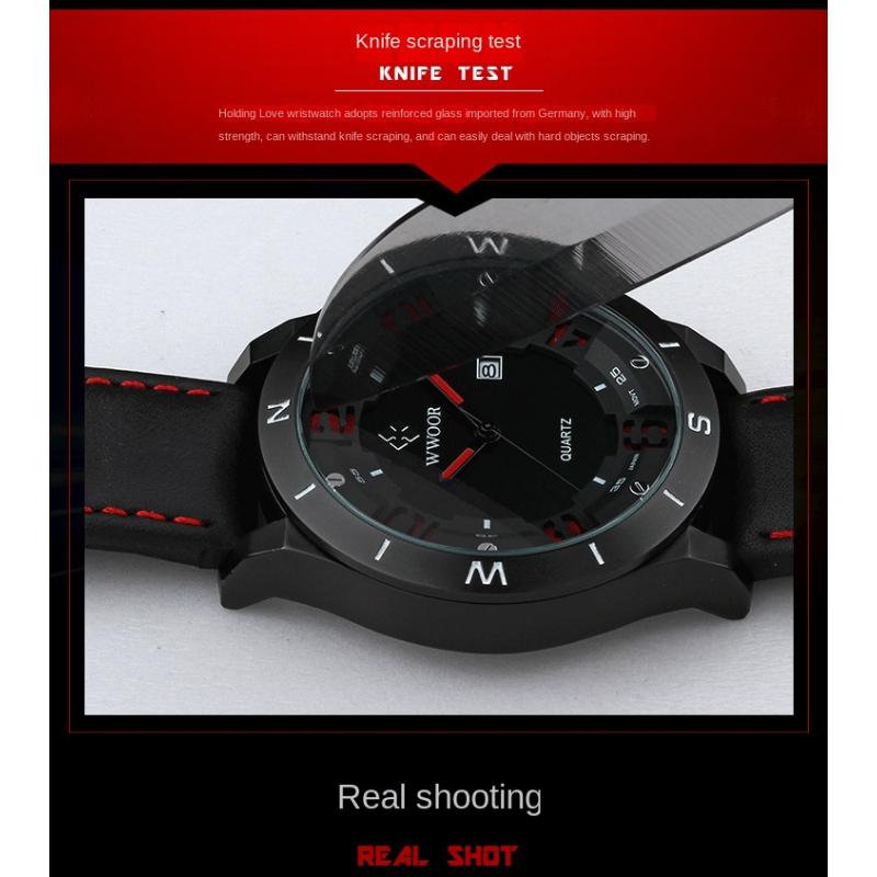 WWOOR Спортивные мужские часы с кожаным ремешком Матовый черный корпус с календарем Водонепроницаемые кварцевые часы