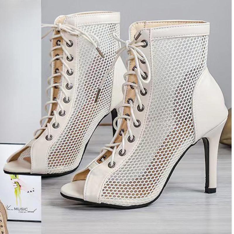 Модные женские туфли-лодочки, сексуальные босоножки на высоком каблуке, женские босоножки с открытым носком, полые танцевальные туфли для вечеринок, сетчатые босоножки на шнуровке, женские босоножки