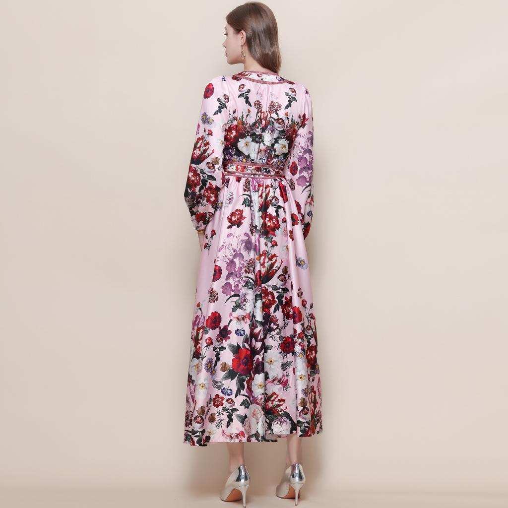 Весенние Винтажные Цветочные Макси-Платья для Женщин Подиумные Скрещенный V-образный Вырез Длинный Рукав-Фонарик Пояса Пляжное Праздничное Платье Бохо Халат