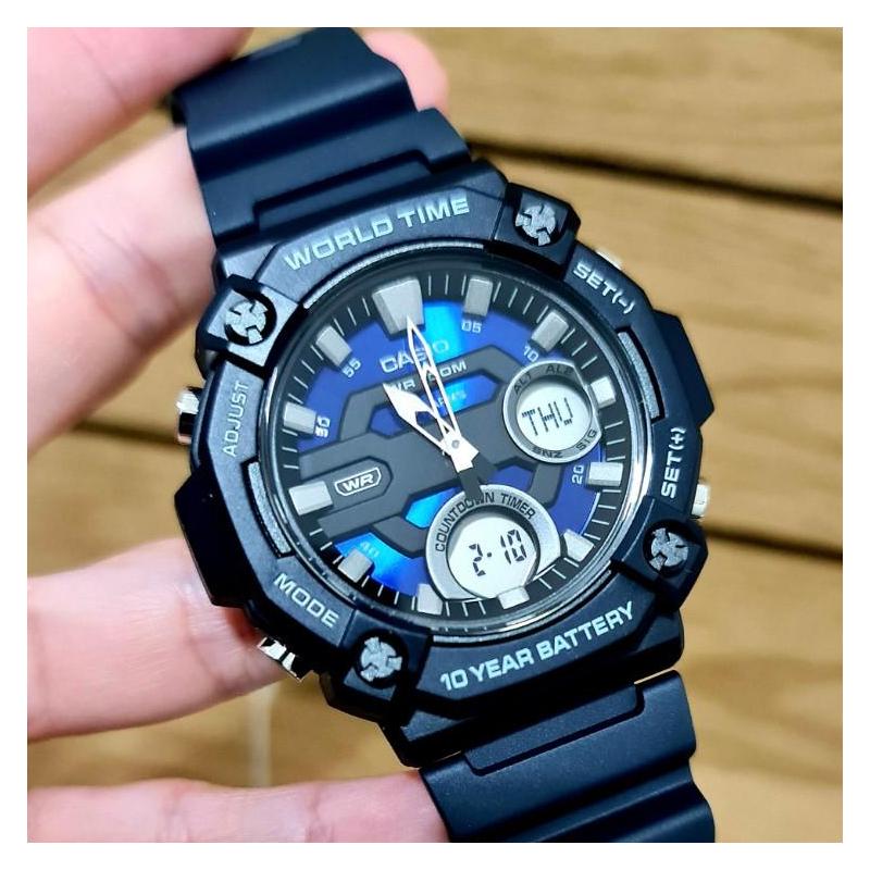 Casio Серия YOUTH-Дисковый Двойной Дисплей Водонепроницаемость 100 метров Кварцевый Механизм Ремешок из Смолы Японские и Корейские Часы Мужские Часы Синий Циферблат AEQ-120W-2AV