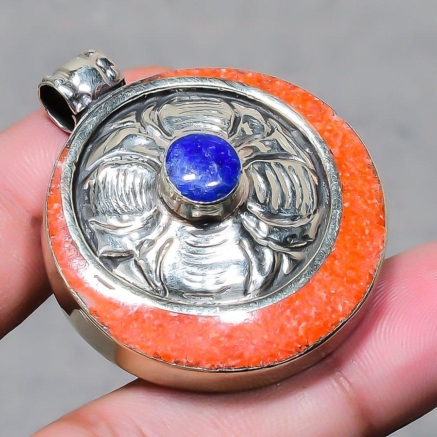 Handmade Vintage Tibetan Nepali Pendant 1.7" Natural Coral Lapis lazuli NP 2422