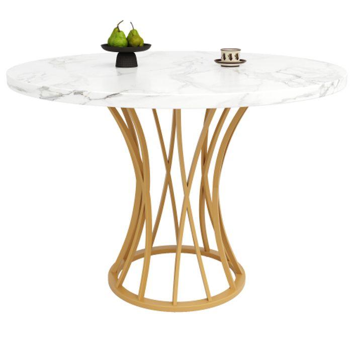 Table de salle à manger ronde - MUVOE - 80x80 cm - MDF marbré - Pieds dorés - 4 places