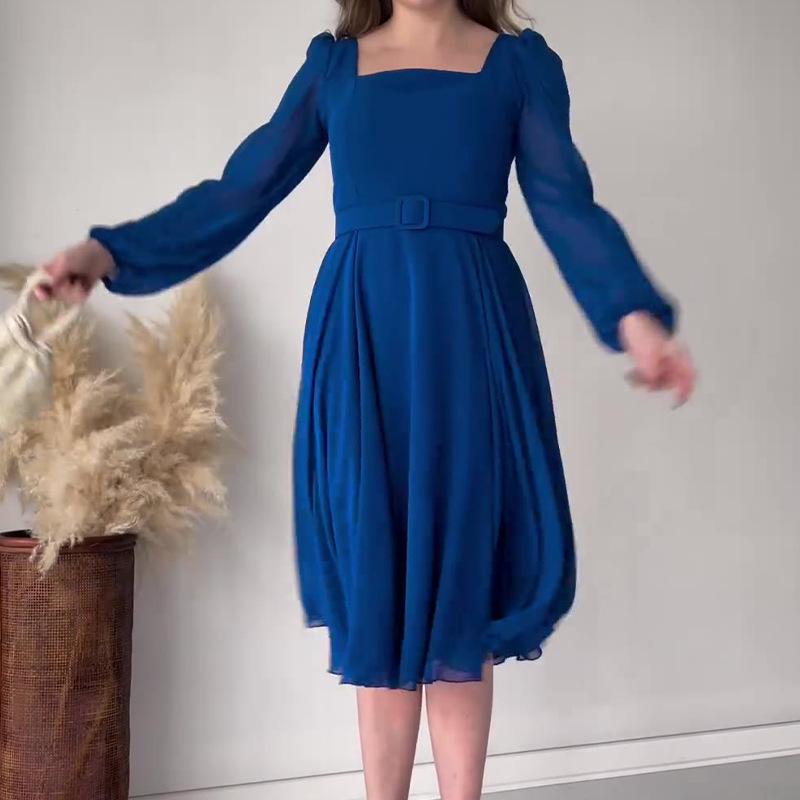 2024 Осень Европейский и Американский Ретро Однотонное Платье с Квадратным Вырезом Элегантное с Длинным Рукавом