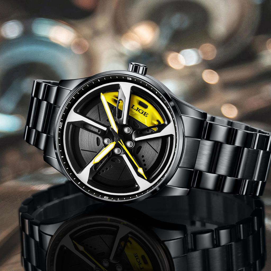 LIGE Fashion Men's Watch Luxury Stainless Steel Waterproof Sports Quartz Watch Supercar Wheel Dial Military Watches for Men+Box