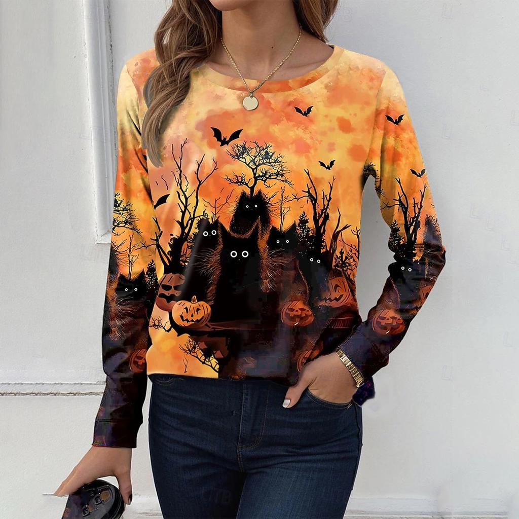 Autumn Women's T-shirt Funny Kitten Graphic Print  Female Clothing Cat Tops Street Casual Round Neck Long Sleeve T-shirt