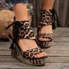 Large Size European and American Slope Heel Versatile Summer New Tassel High Heel Fish Mouth Thick Bottom Muffin Leopard Print Sandals Women