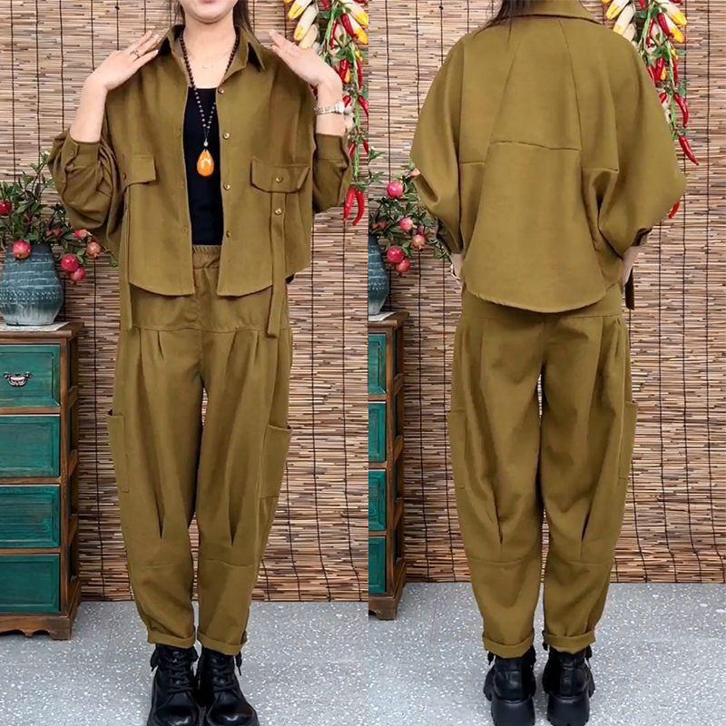 Весна-лето, рабочая одежда с короткими рукавами, двухкомпонентный повседневный свободный крой, большой размер, универсальный модный комплект