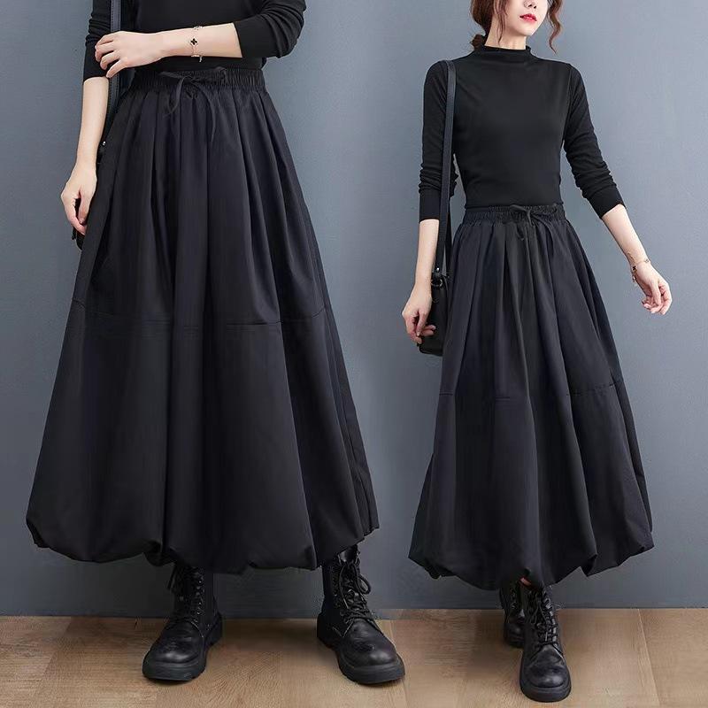 Plus Size Women Midi Skirt Loose A-line High Waist Elastic Solid Color Puffy Dresses Autumn Winter Fashionable Simple Clothing