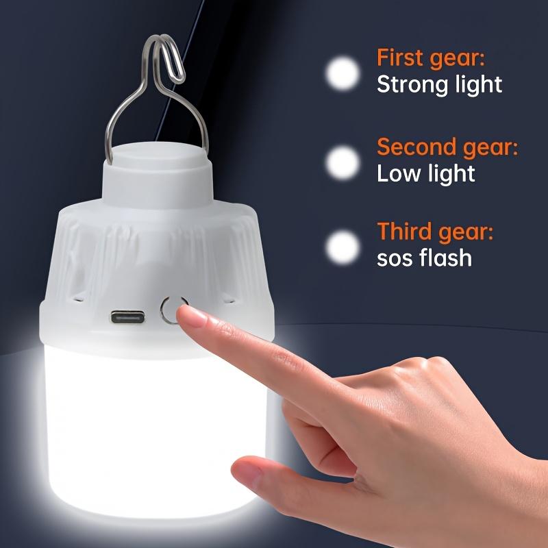 Portable rechargeable LED camping light, USB rechargeable emergency flashlight, adjustable brightness.