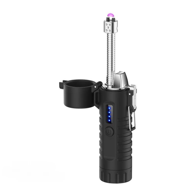 Metal Windproof Waterproof Pulse Dual Arc Type C Rapid Charge Electronic Lighter with Strong Light Flashlight Outdoor Lighters