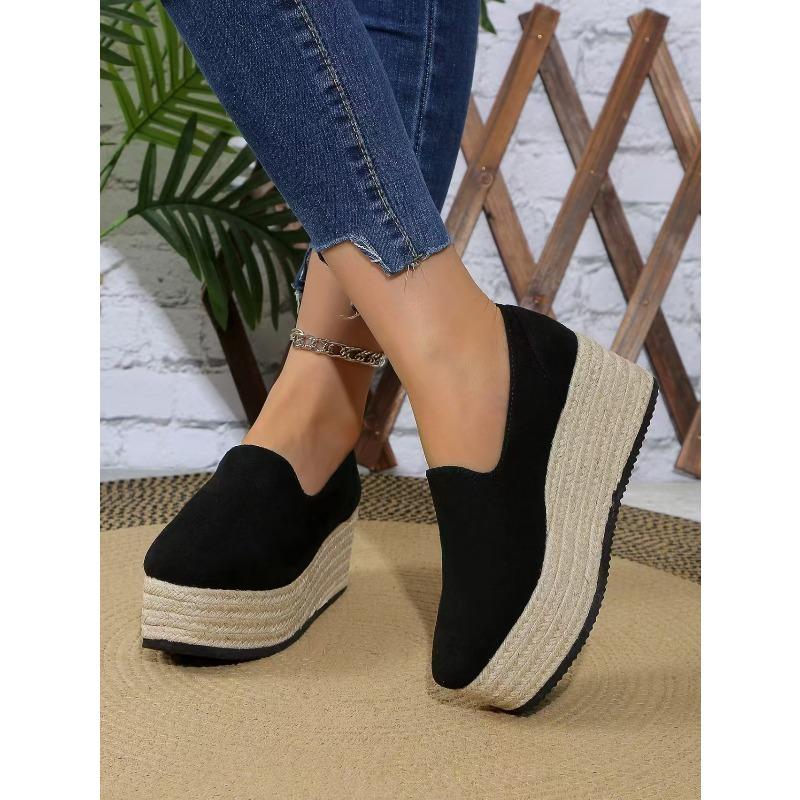 Женские элегантные туфли-слипоны на массивной танкетке, молния сзади, платформа, имитация джутовой подошвы, дышащие, черные, всесезонные, повседневные, нарядные