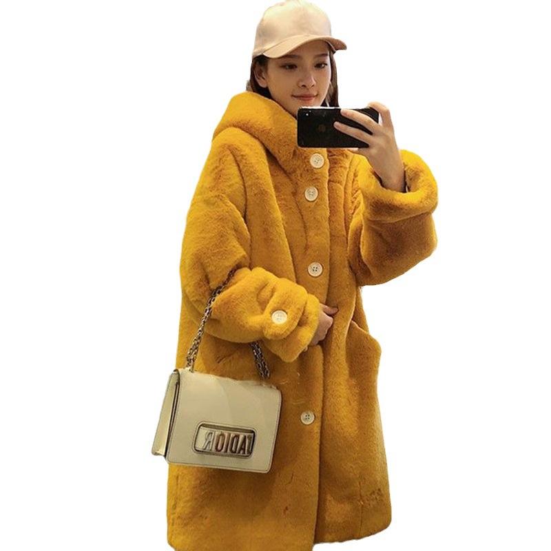 Утолщенное имитационное новое зимнее пальто с капюшоном, женская модная одежда средней длины, корейская версия