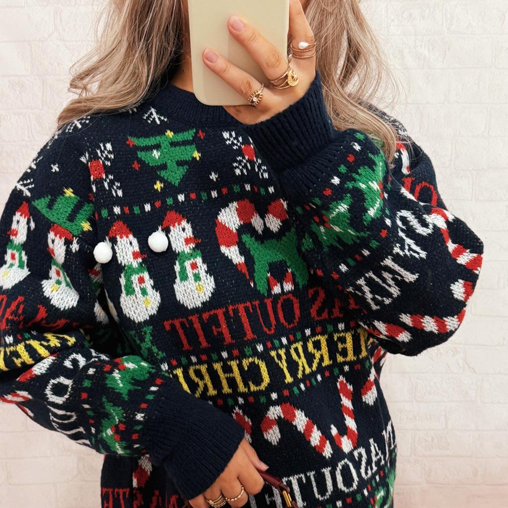Women's Fashionable Long Sleeved Christmas Pullover Round Neck Casual Sweater Top