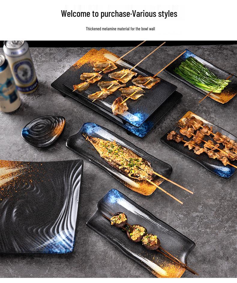 Japanese Melamine Rectangular Barbecue Side Dish Plate - Imitation Porcelain, Creative and Drop-Resistant for Hot Pot and Restaurants