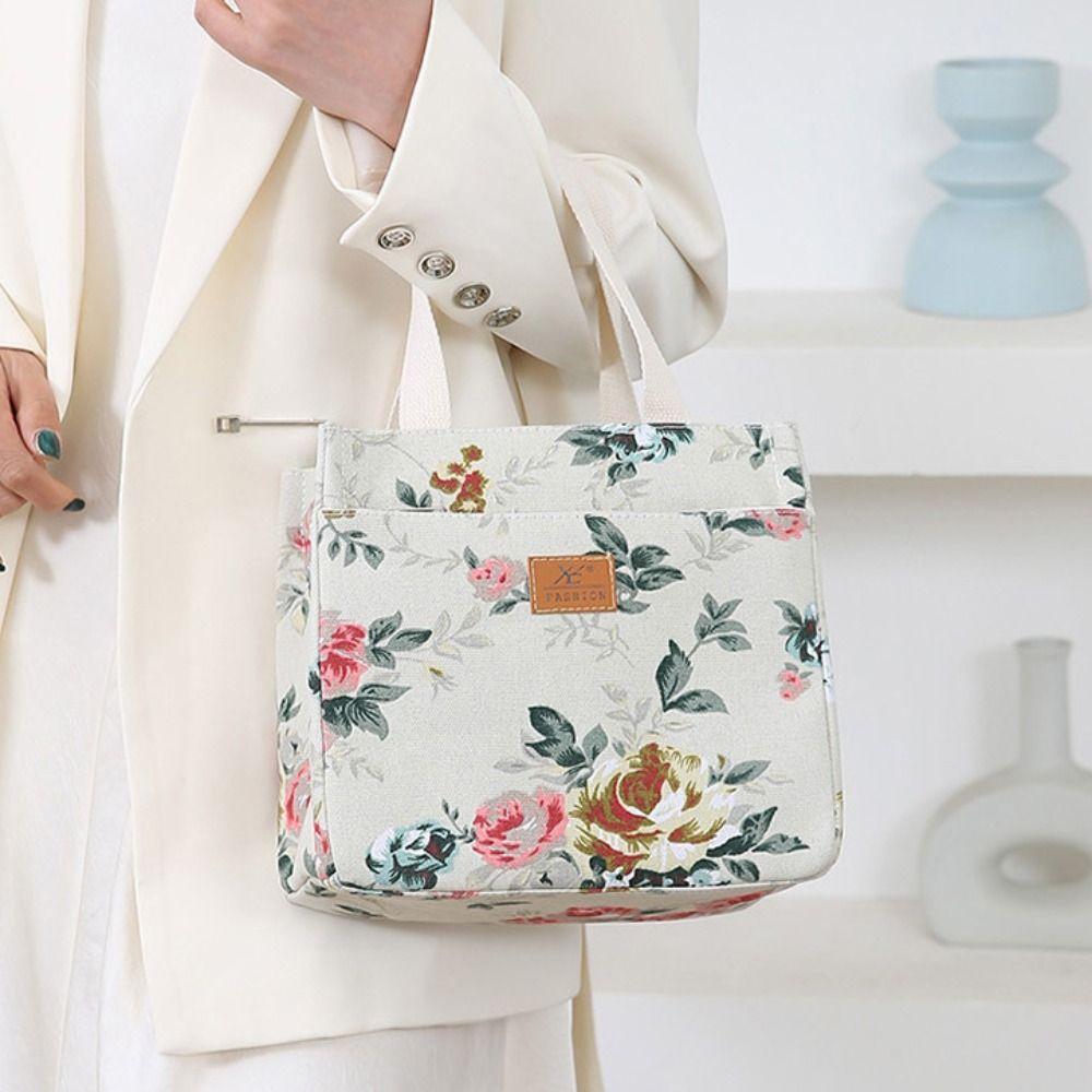 Portable Insulated Floral Print Lunch Bag Zippered Foil Lining Handbag Japanese Style Large Capacity Tote Bag Outddor