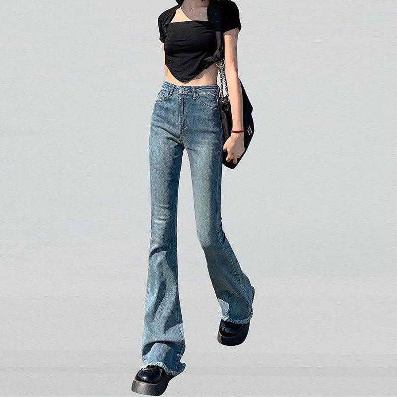 Raw Edge Design Sense Black Gray Micro Flared Jeans Woman