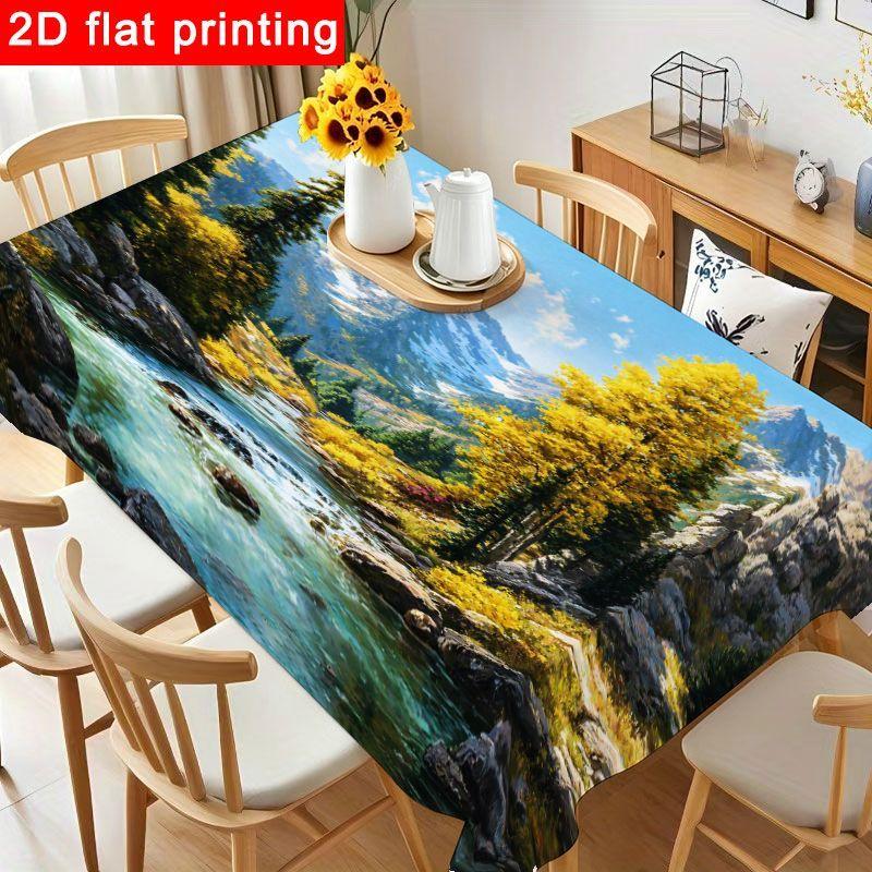 1pc Serene Mountain Valley Tablecloth - Beautiful Turquoise Stream Design, Reusable & Easy to Clean Table Cover for Outdoor Gatherings, Autumn Parties