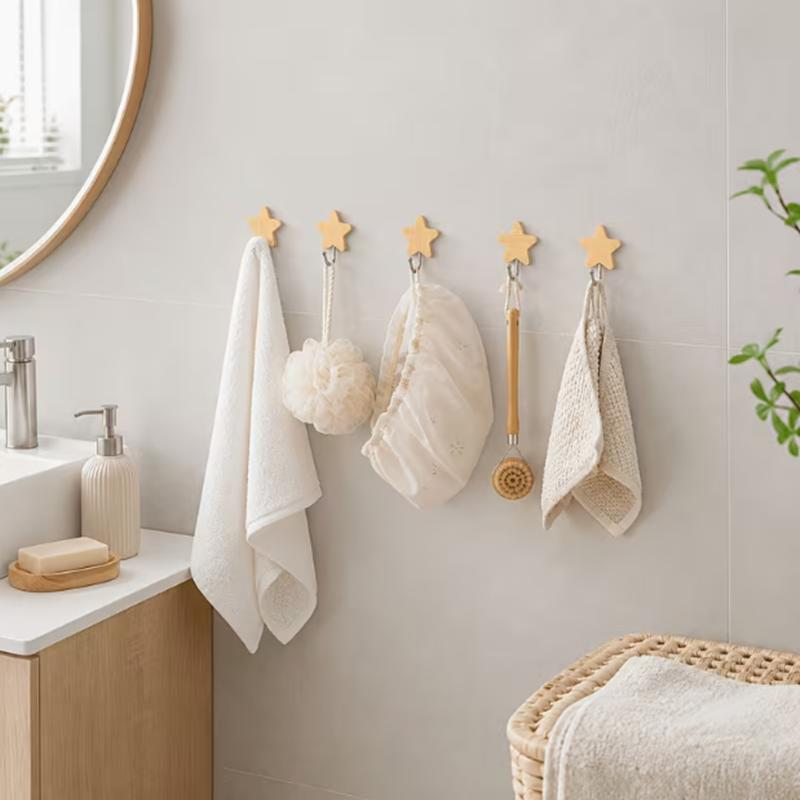 4pcs Self-adhesive star-shaped wooden hooks, strong adhesive wall-hanging hooks, suitable for bathrooms, kitchens and bedrooms