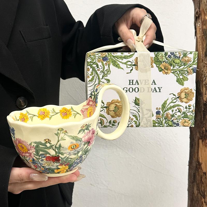 Flowering Song Handle Cup Retro Ceramic Mug Breakfast Oat Cup Afternoon Tea Coffee Cup Souvenir Birthday Gift