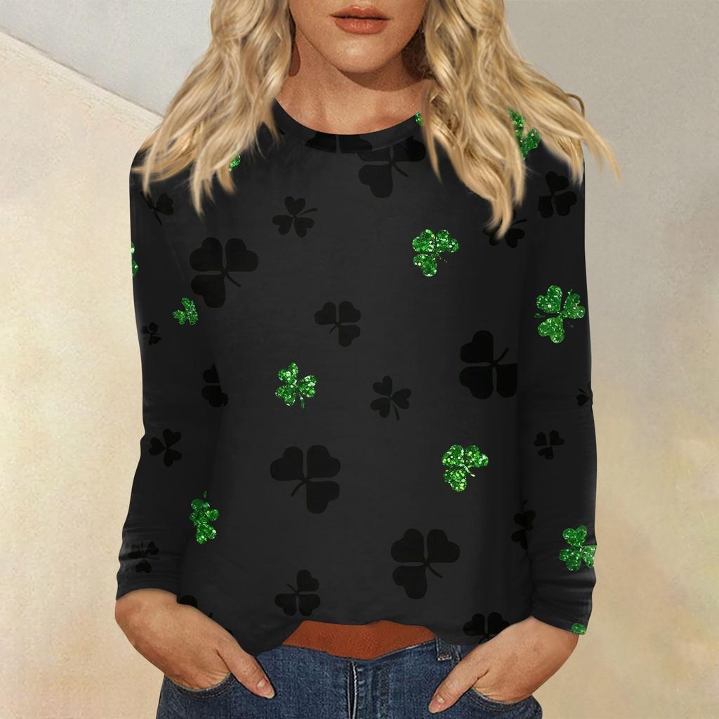 Женская повседневная повседневная рубашка с длинным рукавом. Топ с круглым вырезом и принтом ко Дню Святого Патрика