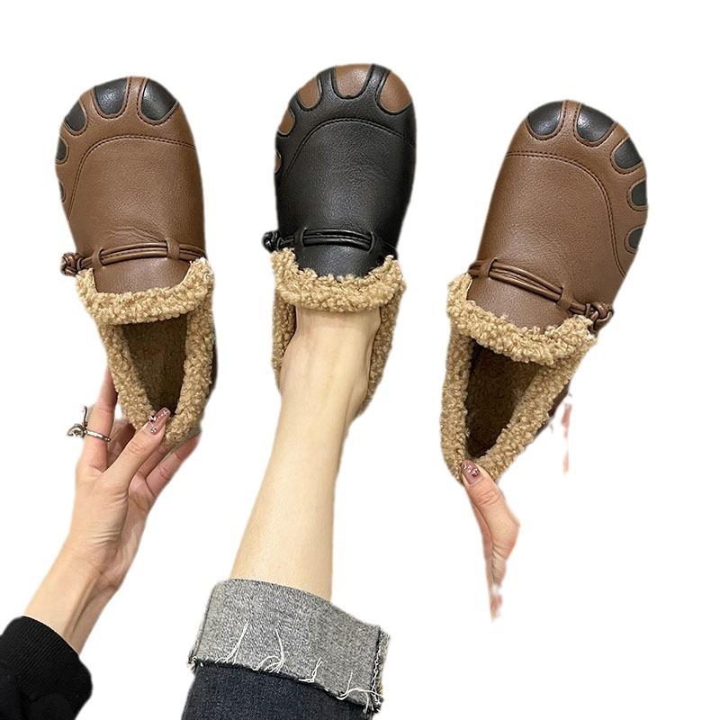 Кожаная поверхность водонепроницаемая и бархатные термохлопковые туфли на одной педали утолщенная модная мягкая подошва повседневная обувь женская