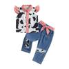 Комплект из 2 предметов одежды в стиле вестерн для девочек, рубашка с рукавами-крылышками и принтом коровы + джинсовые штаны, одежда для малышей