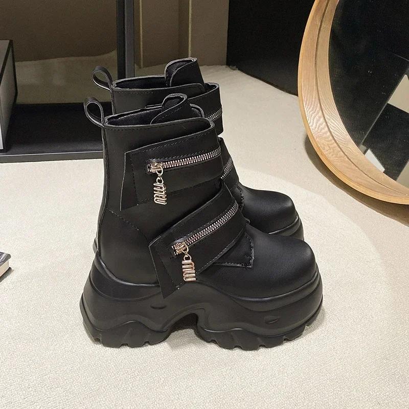 2025 женские кожаные ботильоны осень-зима 9,5 см каблук массивные кроссовки высокая платформа молния короткие мотоциклетные ботинки женские Botas