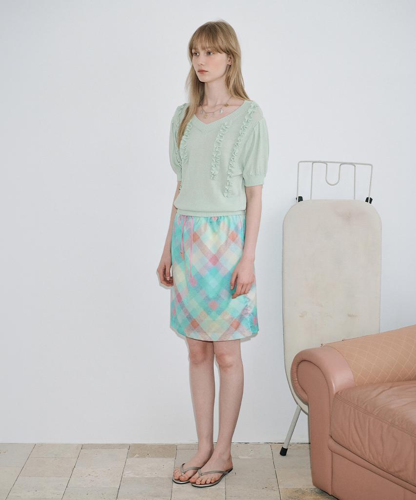 Sinun Check Printed Midi Skirt (Mint)