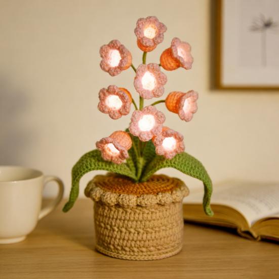 Lily of The Valley Lamp Crochet Artificial Flower Night Light Handmade Potted Plant Table Lamp for Women Wife Girlfriend Birthday Christmas Valentine