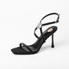 25L4 New Spring and Summer Square Head Open-toed One-word with Rhinestone High Heels, Black Satin Sexy Sandals
