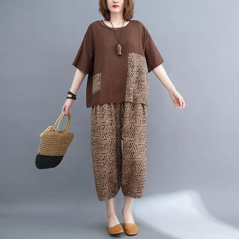 Женский ретро-костюм, летний свободный топ, женские брюки с принтом и застежкой-молнией больших размеров, костюм из двух частей