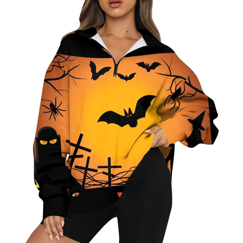 Women's Fashion Casual Long Sleeve Halloween Printed Zipper Turtleneck Drop Shoulder Sweatshirt Top