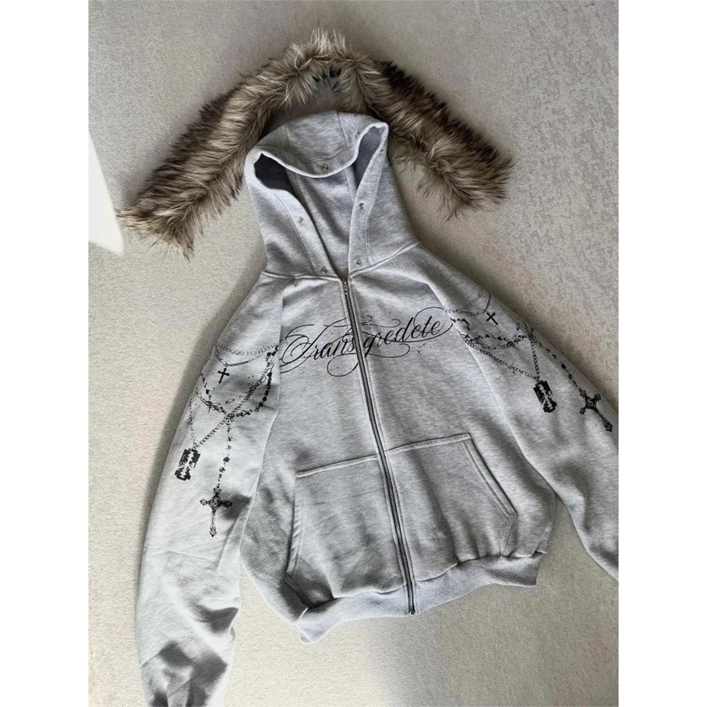 BeatStreet Модная Уличная Одежда Женская Готическая Панк Куртка С Капюшоном Из Искусственного Меха С Принтом Креста Модный Дерзкий Свитшот На Молнии