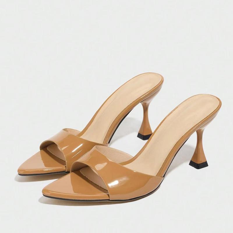 Summer 8CM Kitten Heels Slippers For Women Cozy Patent Leather Pointed Toe Slides Shoes Party Prom Mules Sandals Size 43