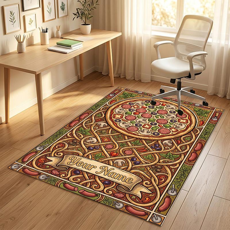 Medieval Pizza Theme Soft Crystal Velvet Rug Custom Name & Text Print Non Slip Floor Rug for Bedroom Living Room