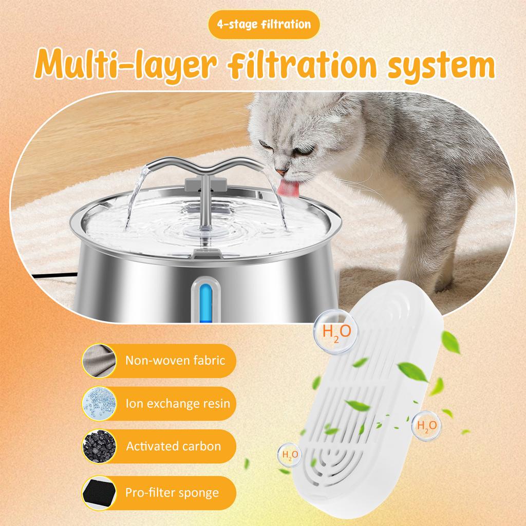 Автоматическая поилка для домашних животных 4 л/135 унций из нержавеющей стали для кошек и собак, циркулирующая фильтрация, электрическая бесшумная поилка