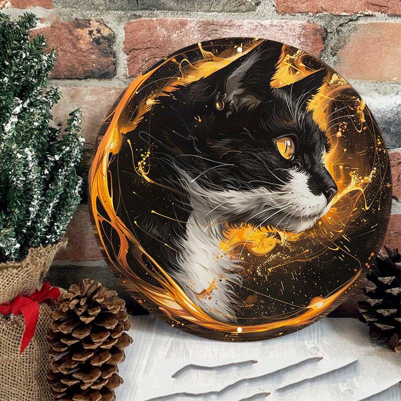 Black and White Cat with Yellow Eyes, Round Wooden Wall Sign, Durable, Protected, Outdoor and Indoor Decor, 8x8 In, 1PC