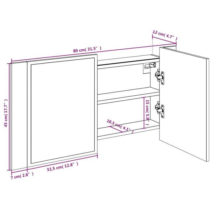 VidaXL Armoire à Miroir à LED de Bain, Placard avec 2 Étagères, Meuble de Rangement, Organisateur de Toilette, Moderne, 834953