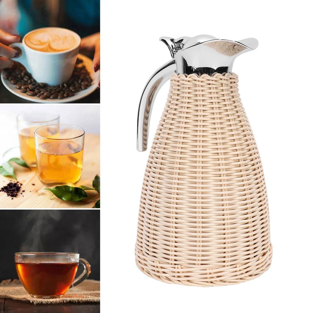 Handwoven Stainless Steel Thermal Coffee Woven Rattan Body 1.5L 3 Walled Insulated Jug Pitcher 12 Hour Heat 24 Hour Cold Retention