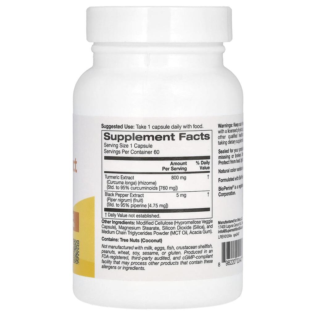 Turmeric Extract, Standardized To 95% Curcuminoids and Bioperine® Black Pepper Extract, 800Mg, 60 Veggie Capsules