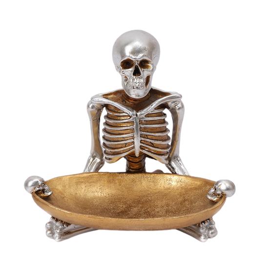Поднос для хранения в виде черепа Хэллоуин Страшный скелет Конфетница Череп из смолы Поднос для сервировки фруктов и закусок Винтажная шкатулка для украшений для дома, столешницы, вечеринки, барного декора