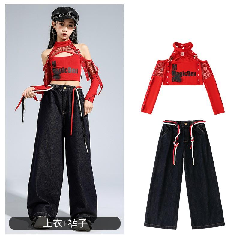 Girls Jazz Dance Outfit Set Hip Hop Streetwear Crop Top Denim Pants Performance Costume Teen Dancers