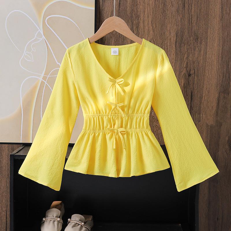 Топы для девочек Детская одежда Осень Новая Модная Бант Повседневные Топы с длинным рукавом