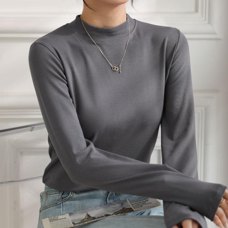 Half High Collar Long Sleeve T-Shirts Women Top Autumn Winter Solid Loose Modal T-shirt Top